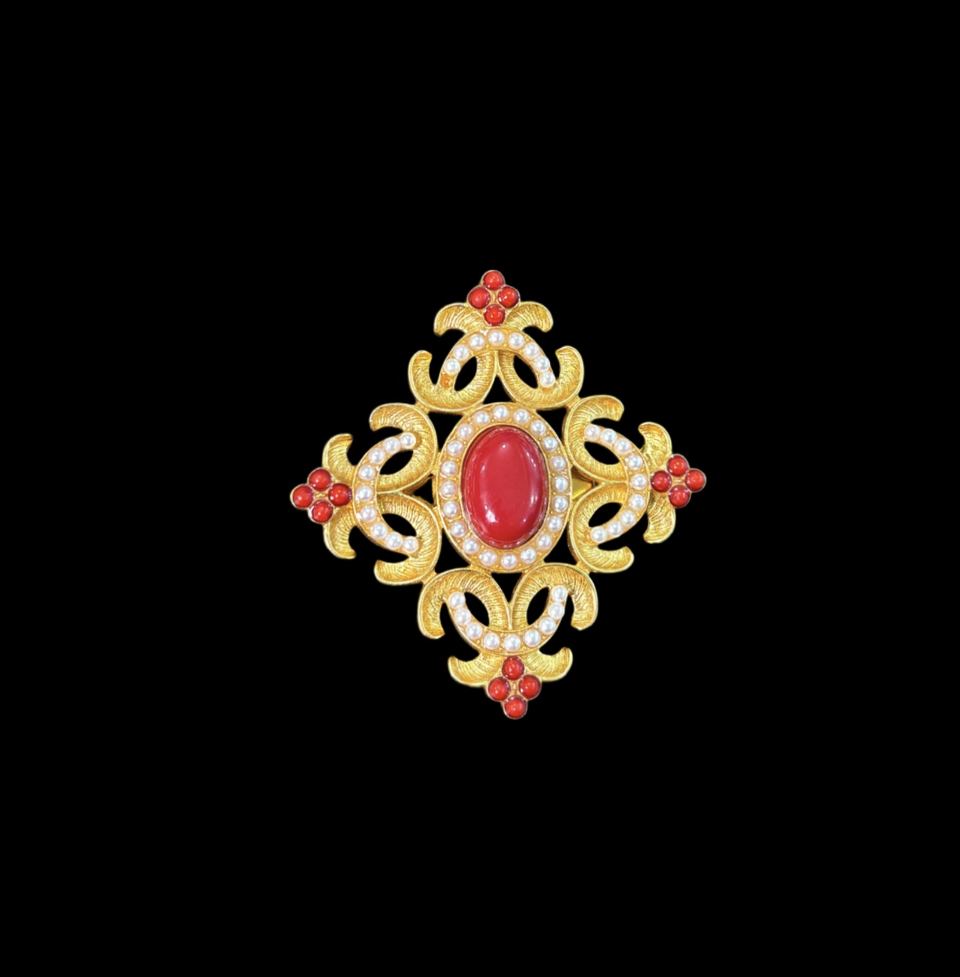 Vintage-Inspired Baroque Cross Brooch Pin – Gold-Tone with Red Cabochon & Faux Pearl Accents front Vintage-Inspired Baroque Cross Brooch Pin – Gold-Tone with Red Cabochon & Faux Pearl Accents - Image 1