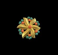 Vintage Jeanne Signed Brooch – Gold-Tone with Red Coral & Turquoise Glass Cabochons – Designer Costume Jewelry