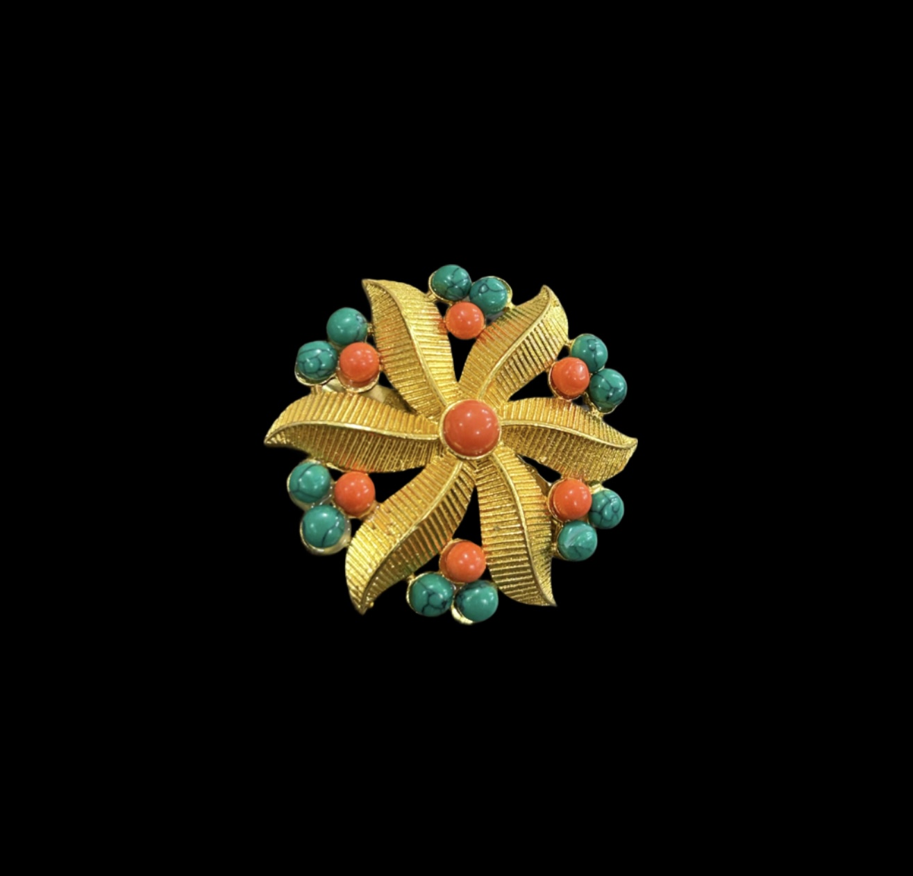 Vintage Jeanne Signed Brooch – Gold-Tone with Red Coral & Turquoise Glass Cabochons – Designer Costume Jewelry front Vintage Jeanne Signed Brooch – Gold-Tone with Red Coral & Turquoise Glass Cabochons – Designer Costume Jewelry - Image 1