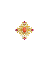 Vintage Joan Rivers Classic Collection Maltese Cross Brooch – Coral Cabochon, Pearls & Ruby-Red Accents in Gold-Tone Setting