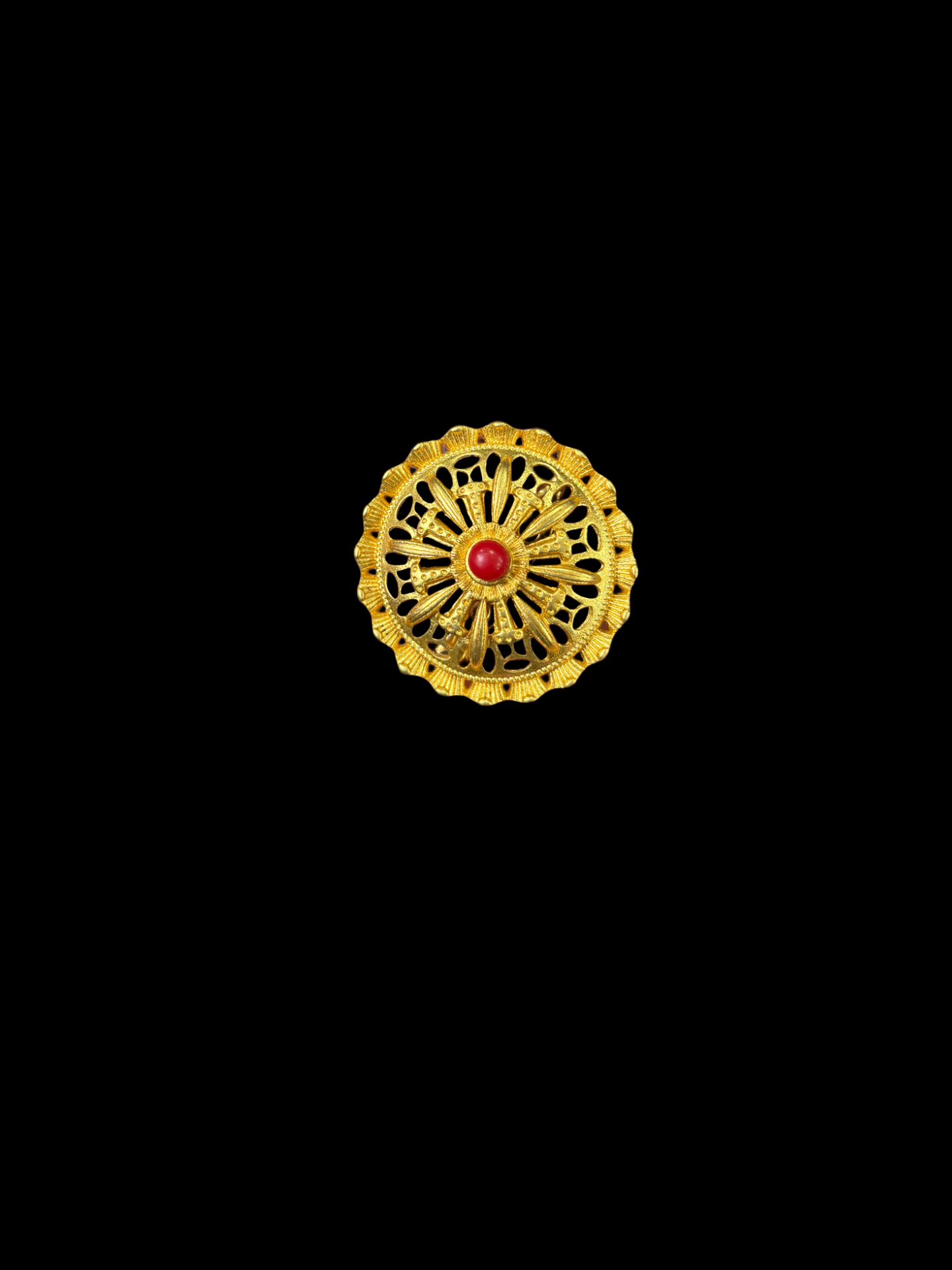 Vintage Sarah Coventry Star Flower Brooch – Gold-Tone Filigree with Red Center Stone front Vintage Sarah Coventry Star Flower Brooch – Gold-Tone Filigree with Red Center Stone - Image 1