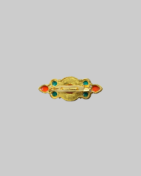 Vintage gold-toned brooch featuring red and green cabochon stones. - Image 2