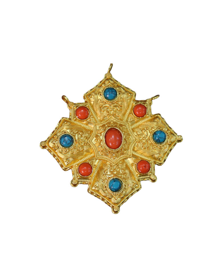 bZqme0p5I8eR8OI0e21kr5FDK4ewOWAoann7wURo Gold-Plated Tibetan Ghau Amulet Prayer Box Pendant with Turquoise & Coral - Image 1