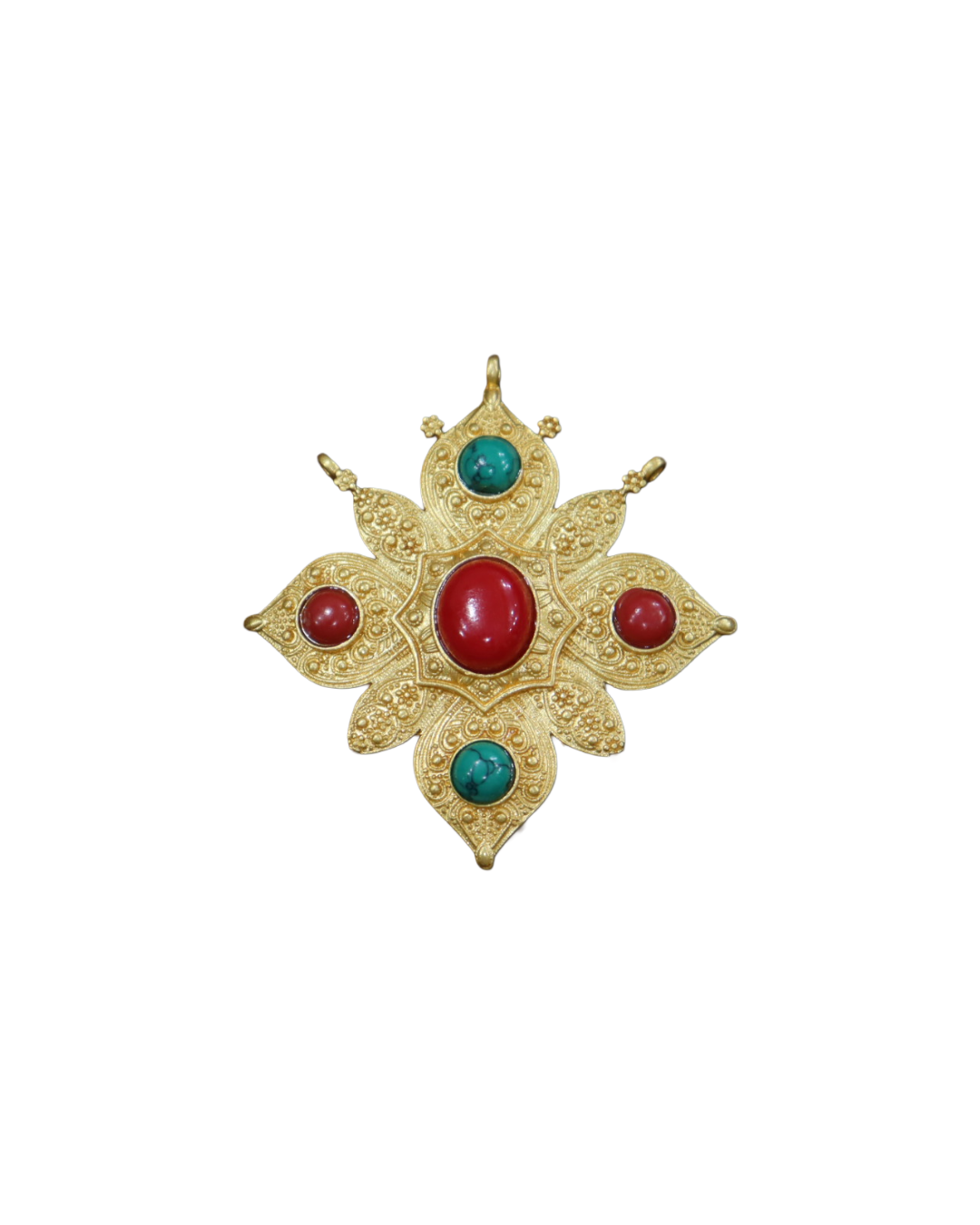 cBZxtEoYhGZARz0scqjaLdqPo54af7m1h40Lo6Wq Gold-Plated Tibetan Ghau Amulet Prayer Box Pendant with Turquoise & Coral Stones - Image 1