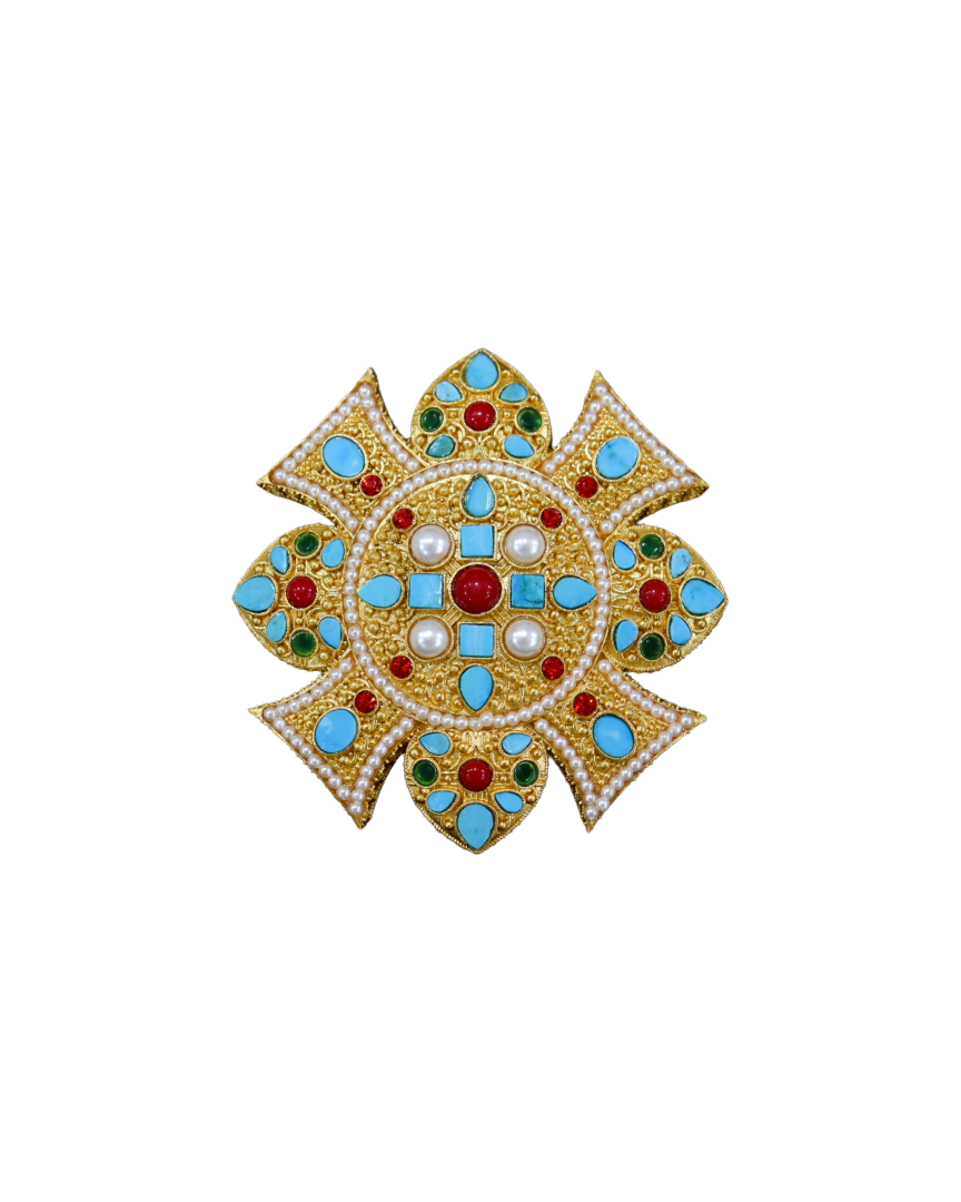 kAXQfAHAJLGmILH4aHf2r3LCaBbLm2k0KGxRGLsH Gold-Tone Maltese Cross Pendant with Faux Coral & Turquoise Cabochons – Tibetan Ghau Style - Image 1