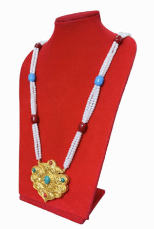Gold-Plated Ghaau (Gau) Tibetan-Style Necklace | Pendant with Turquoise & Red Stone Accents | Handmade Jewelry - Image 2