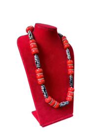 Handmade Tibetan Necklace with Red Beads & Black & White Dzi - Image 2
