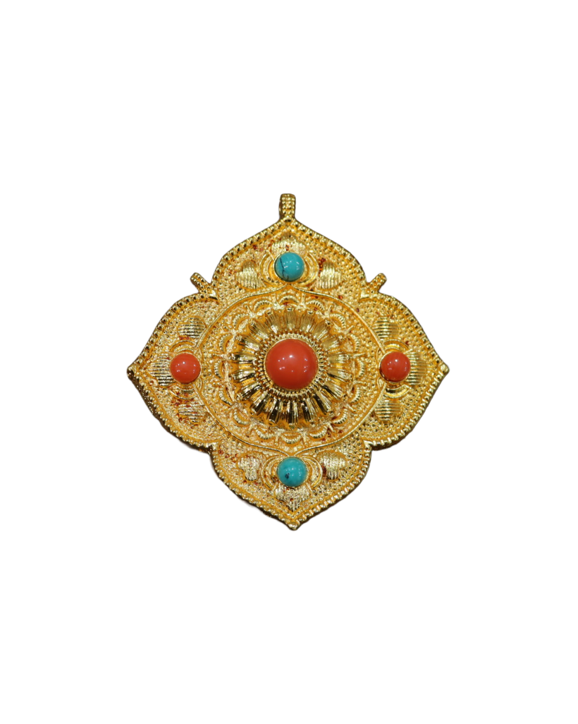 rmrJAgrWAyHyRZTeonf1WXg5hjHjgnzTyEuUWWRB Gold-Plated Tibetan Ghau Amulet / Prayer Box Pendant with Coral & Turquoise Stones - Image 1