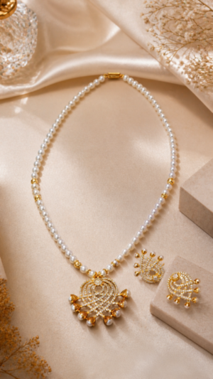 Elegant Freshwater Pearl Necklace Set with CZ Stone-Studded Pendant for Women - Image 2