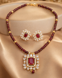 Gold-Plated Jewelry Set with Red Stone & Cubic Zirconia Square Pendant for Women - Image 2