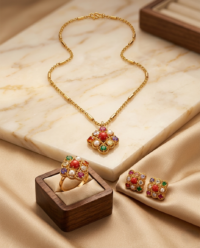 Gold-Plated Navaratna Necklace Set with Pendant, Ring & Stud Earrings - Image 2
