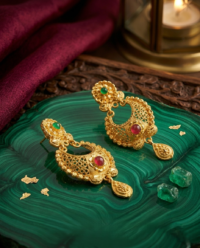 Gold-Plated Ramleela Rani Haar Design Jhumka Earrings with Red & Green Stones - Image 2
