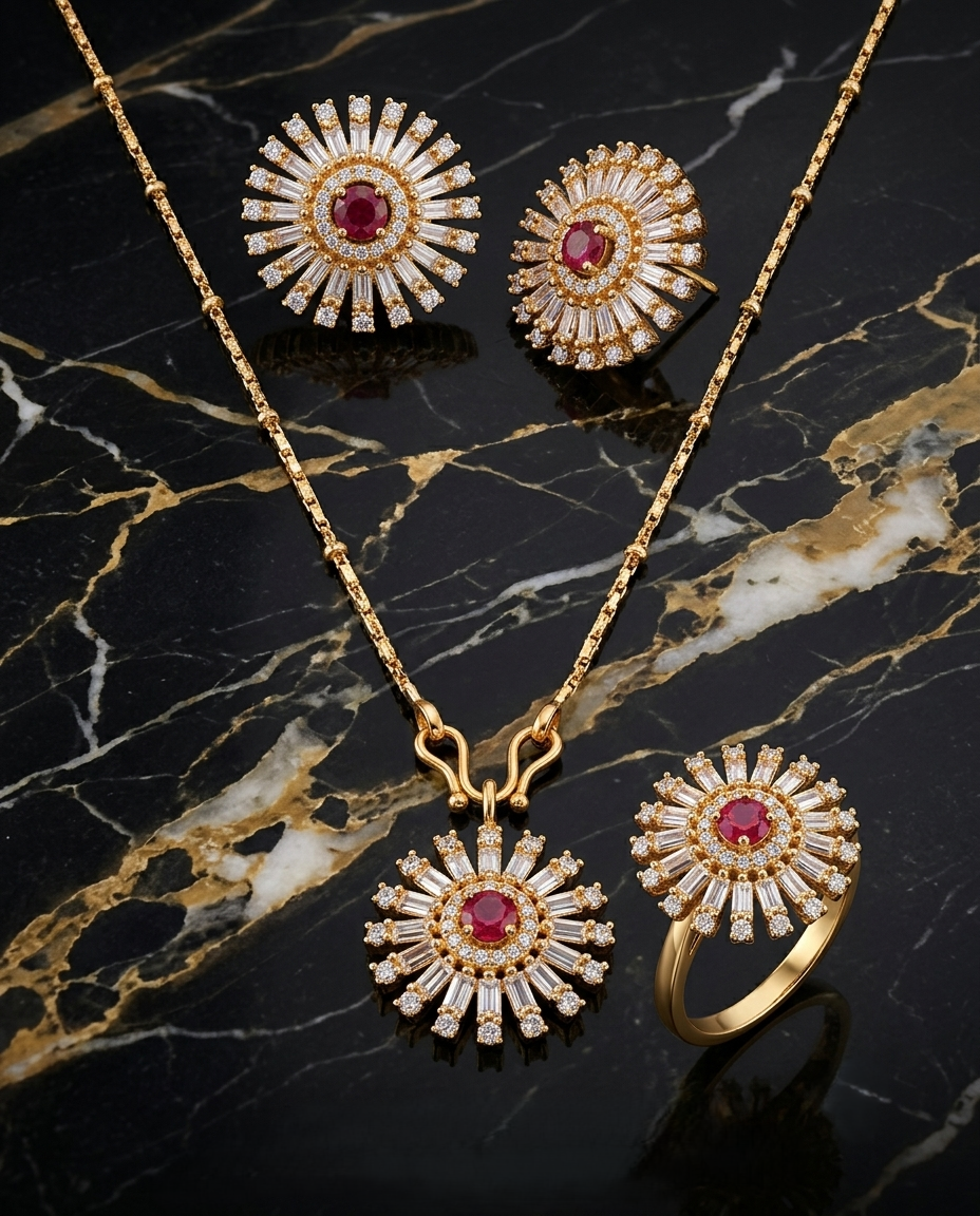 American Diamond Sunburst Pendant Set with Ruby-Red Stone American Diamond Sunburst Pendant Set with Ruby-Red Stone - Image 1