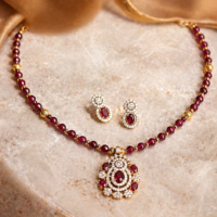 Chinar Jewels Ruby Necklace Set with Gold-Plated Pendant & CZ Earrings for Women