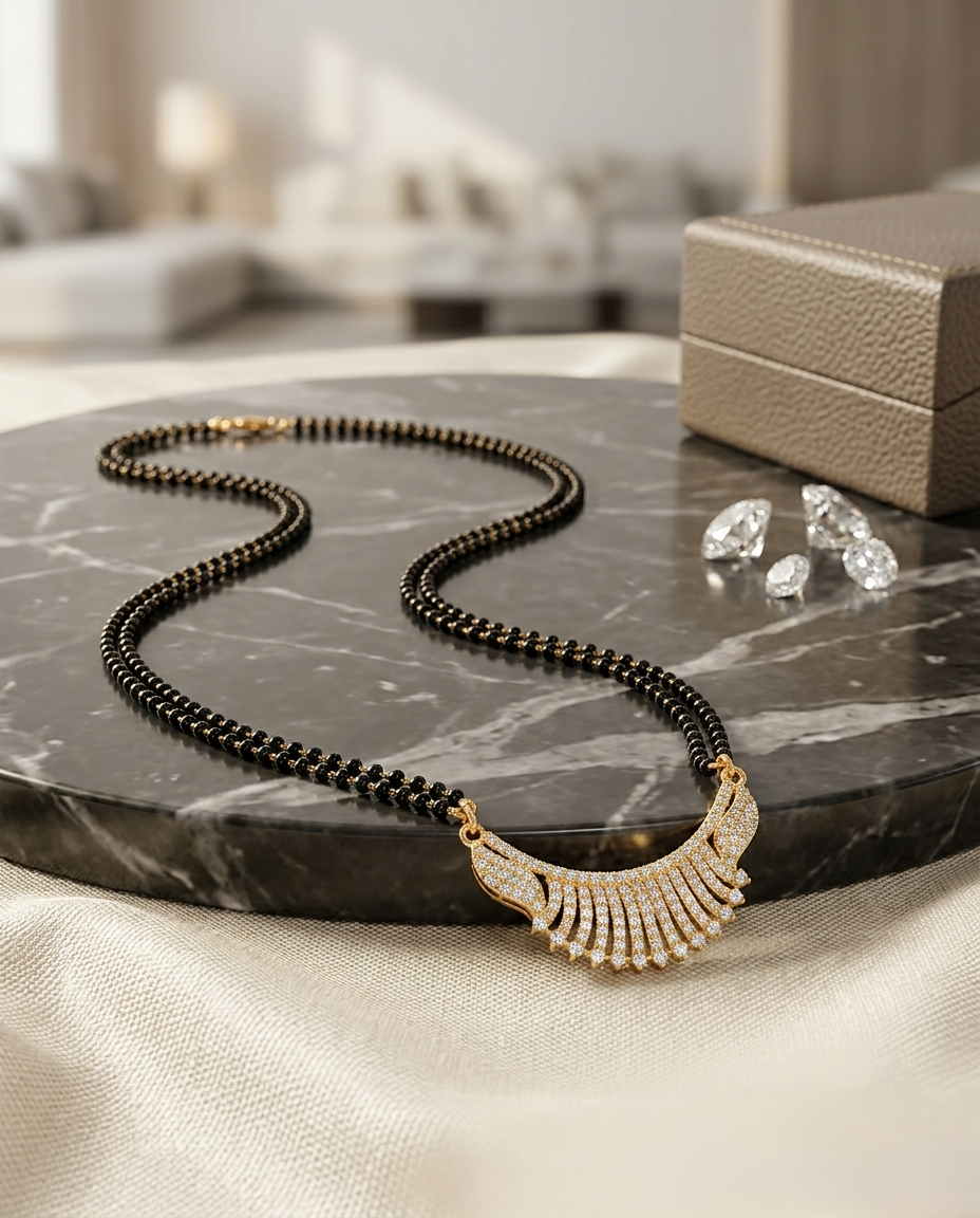 Diamond Mangalsutra with Gold-Plated Fan-Shaped CZ Pendant Design Diamond Mangalsutra with Gold-Plated Fan-Shaped CZ Pendant Design - Image 1