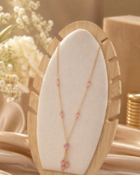 Fashion Baby Pink Lariat Necklace with Gold-Toned Plating & Pink Beads