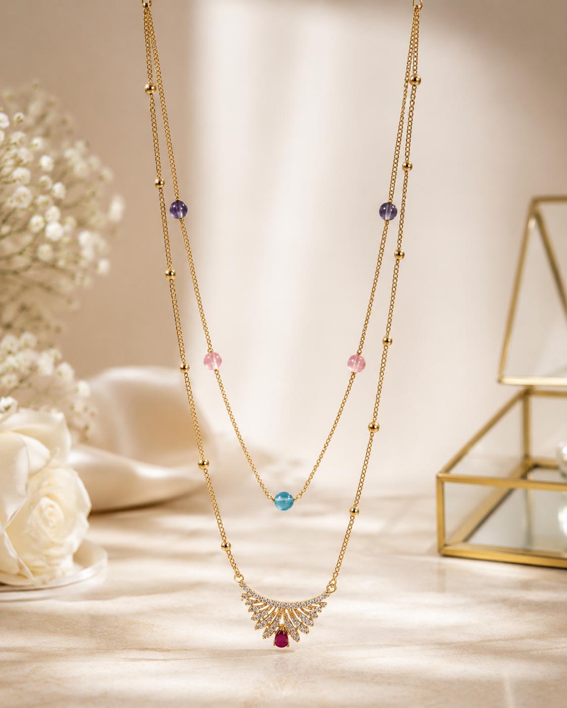 Gold Chain Necklace with Colorful Stones and Diamond Pendant Gold Chain Necklace with Colorful Stones and Diamond Pendant - Image 1