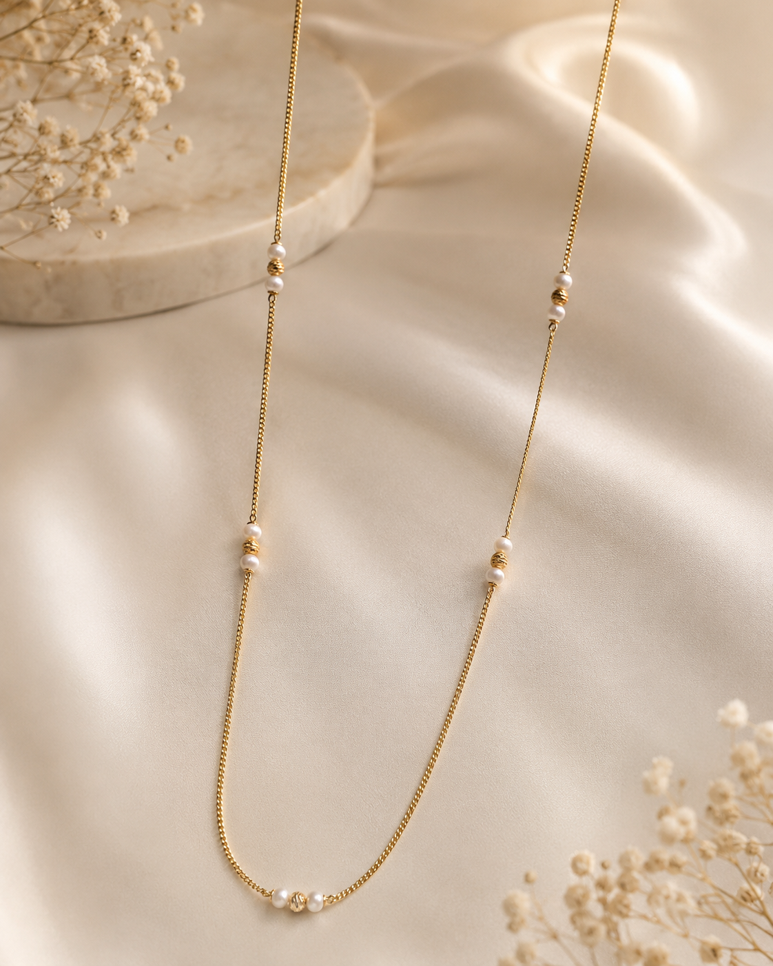 Gold Chain Necklace with Station Pearls and Textured Gold Beads Elegant Minimal Jewelry Gold Chain Necklace with Station Pearls and Textured Gold Beads - Image 1