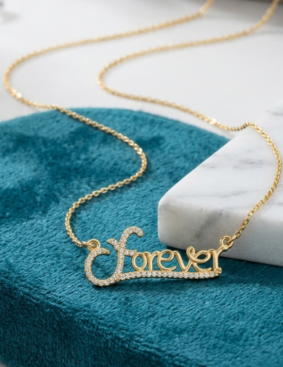 Gold Forever Script Necklace with Diamond Pendant Gold "Forever" Script Necklace with Diamond Pendant - Image 1