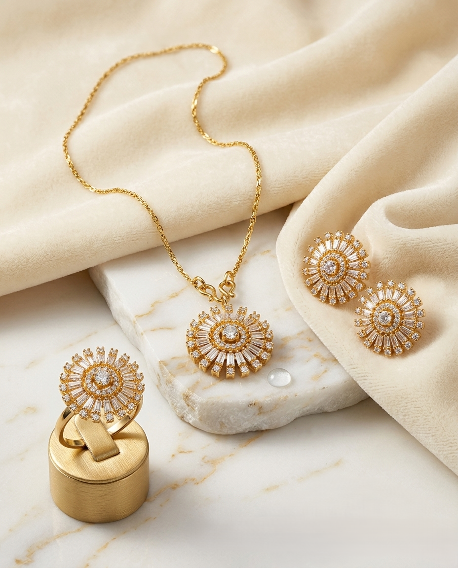 Gold-Plated American Diamond Sunbeam Jewelry Set with Necklace, Earrings & Ring Gold-Plated American Diamond Sunbeam Jewelry Set with Necklace, Earrings & Ring - Image 1