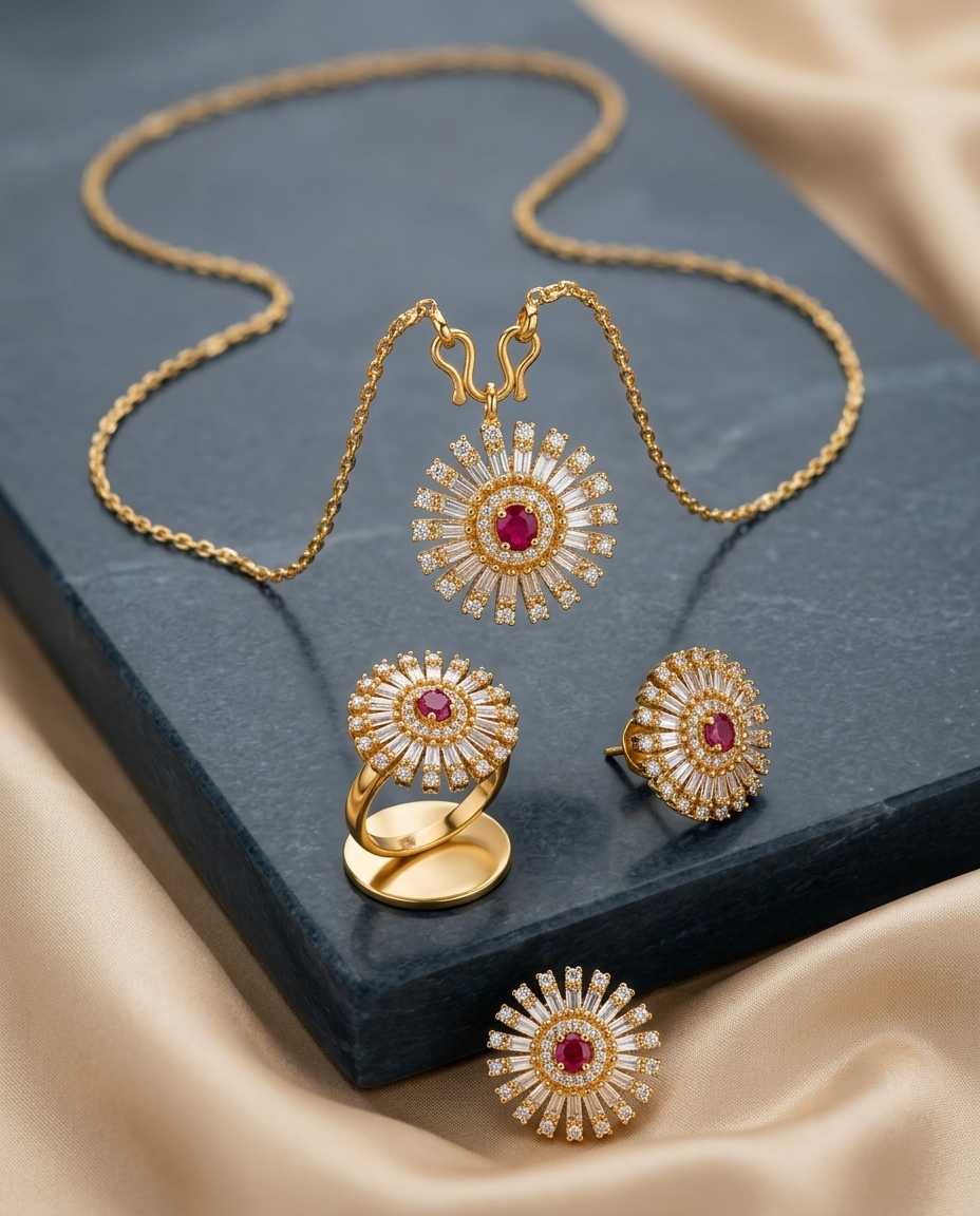 Gold-Plated American Diamond and Ruby Sun-Shaped Pendant Set Gold-Plated American Diamond and Ruby Sun-Shaped Pendant Set - Image 1