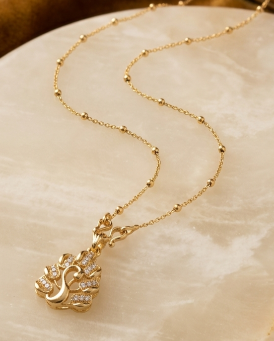 Gold-Plated Crystal Pendant Necklace with Beaded Chain Gold-Plated Crystal Pendant Necklace with Beaded Chain - Image 1