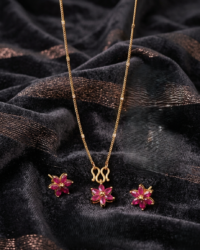 Gold-Plated Floral Pendant Necklace with Red Ruby-Like Crystals - Image 2