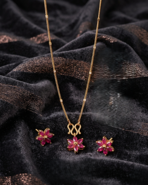 Gold-Plated Floral Pendant Necklace with Red Ruby-Like Crystals - Image 2