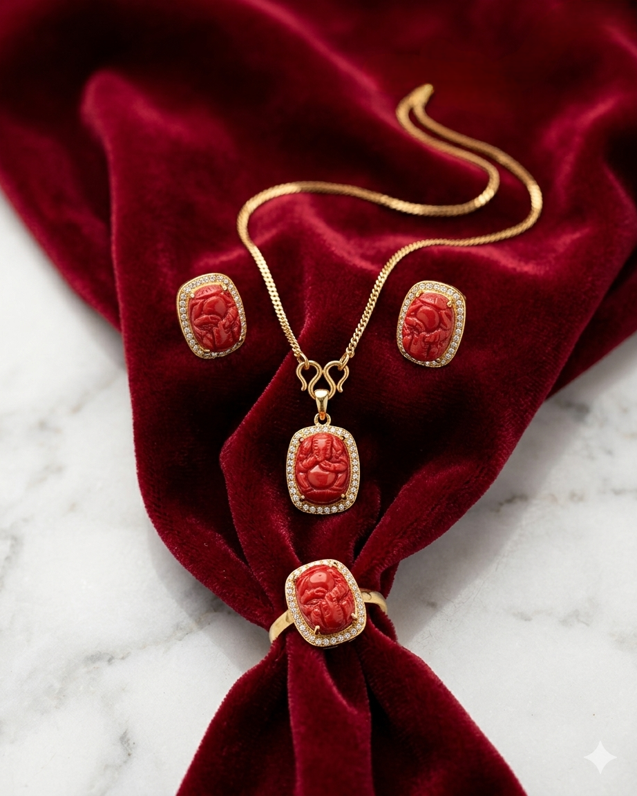 Gold-Plated Ganesh Jewelry Set with Red Coral Muga Stones and Zircon Diamond Accents Gold-Plated Ganesh Jewelry Set with Red Coral Muga Stones and Zircon Diamond Accents - Image 1