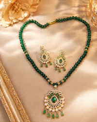 Gold Plated Green Pote Mala Necklace Set with Kundan Work for Women