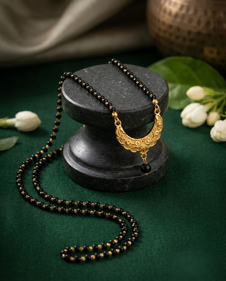 Gold-Plated Half-Moon Mangalsutra with Black Beads Gold-Plated Half-Moon Mangalsutra with Black Beads - Image 1