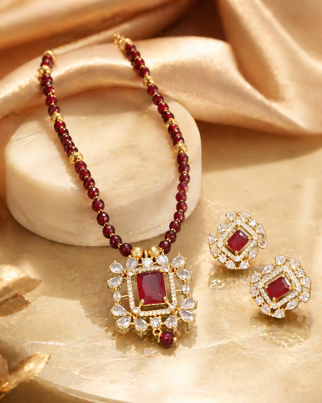 Gold-Plated Jewelry Set with Red Stone & Cubic Zirconia Square Pendant for Women Gold-Plated Jewelry Set with Red Stone & Cubic Zirconia Square Pendant for Women - Image 1