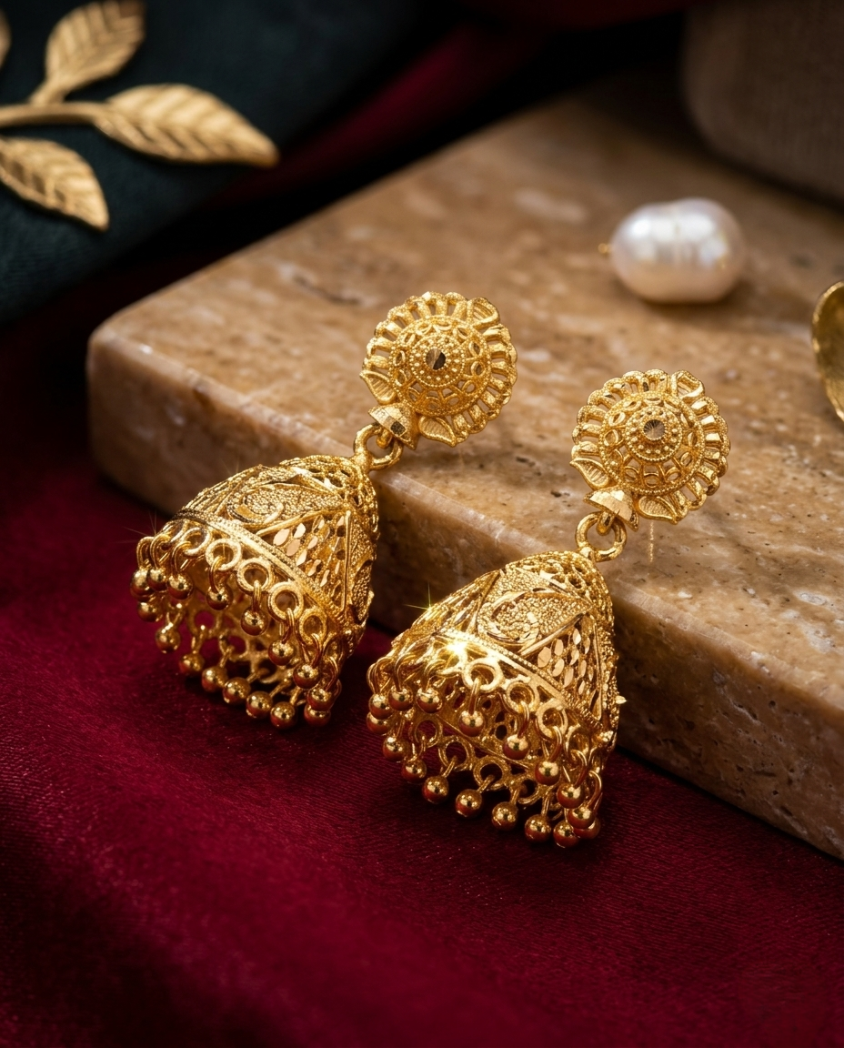 Gold-Plated Jhumka Earrings with Pinjara Pattern and Dangling Bead Design Gold-Plated Jhumka Earrings with Pinjara Pattern and Dangling Bead Design - Image 1