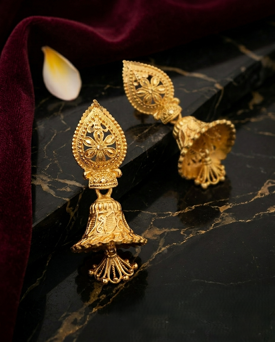 Gold-Plated Leaf Stud Jhumka Earrings with Floral Filigree and Bell Drops Gold-Plated Leaf Stud Jhumka Earrings with Floral Filigree and Bell Drops - Image 1
