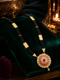 Gold-Plated Mangalsutra with Detailed Circular Pendant & Central Red Stone Accents