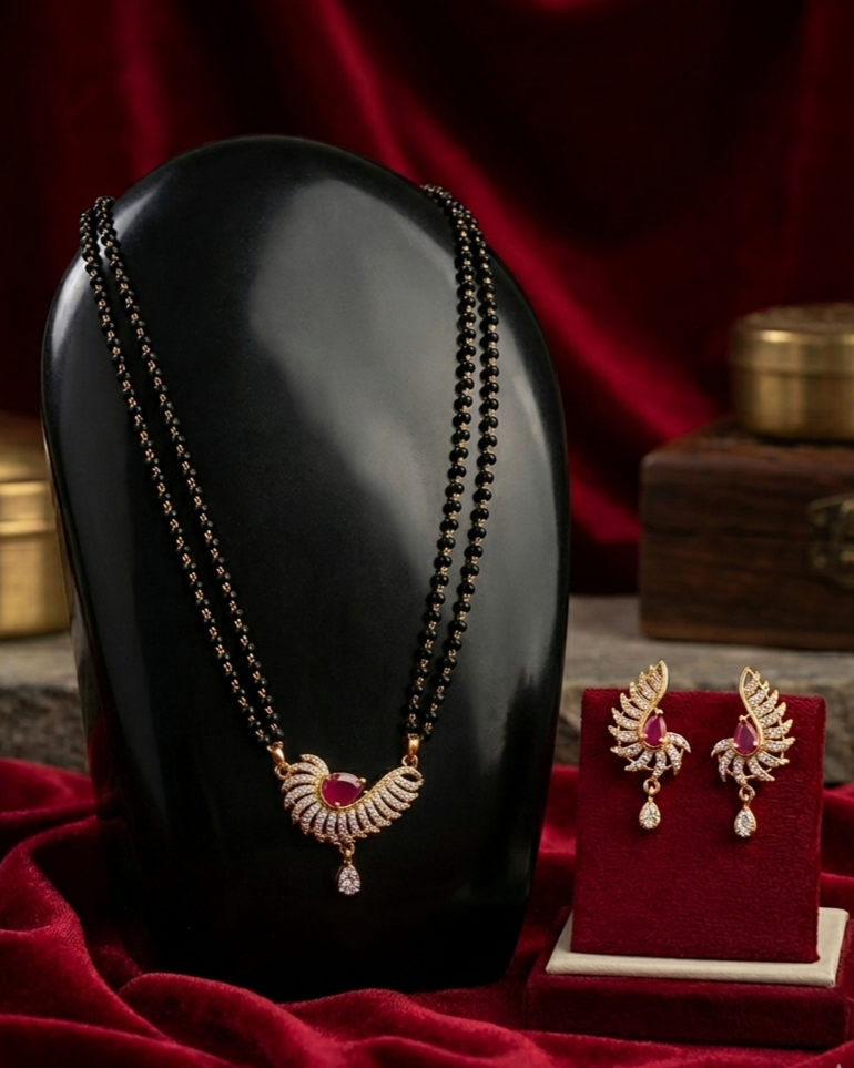 Gold-Plated Mangalsutra with Pink Stone Pendant & Double-Line Black Bead Chain for Women Double-Line Black Bead Chain for Women - Image 1