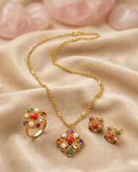 Gold-Plated Navaratna Necklace Set with Pendant, Ring & Stud Earrings