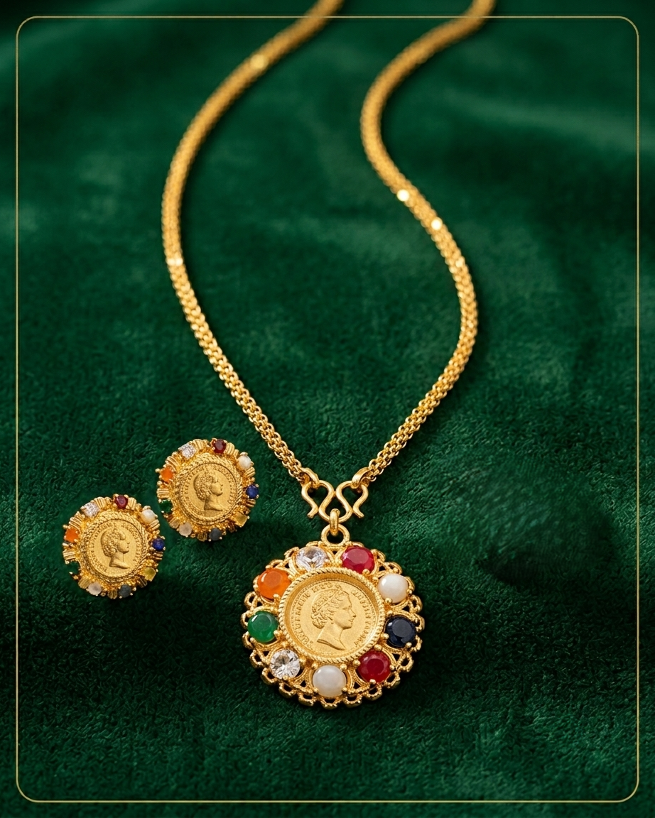Gold-Plated Navratna Chain and Locket Set with Traditional Coin Motifs & Multicolored Gemstone Accents Gold-Plated Navratna Chain and Locket Set - Image 1