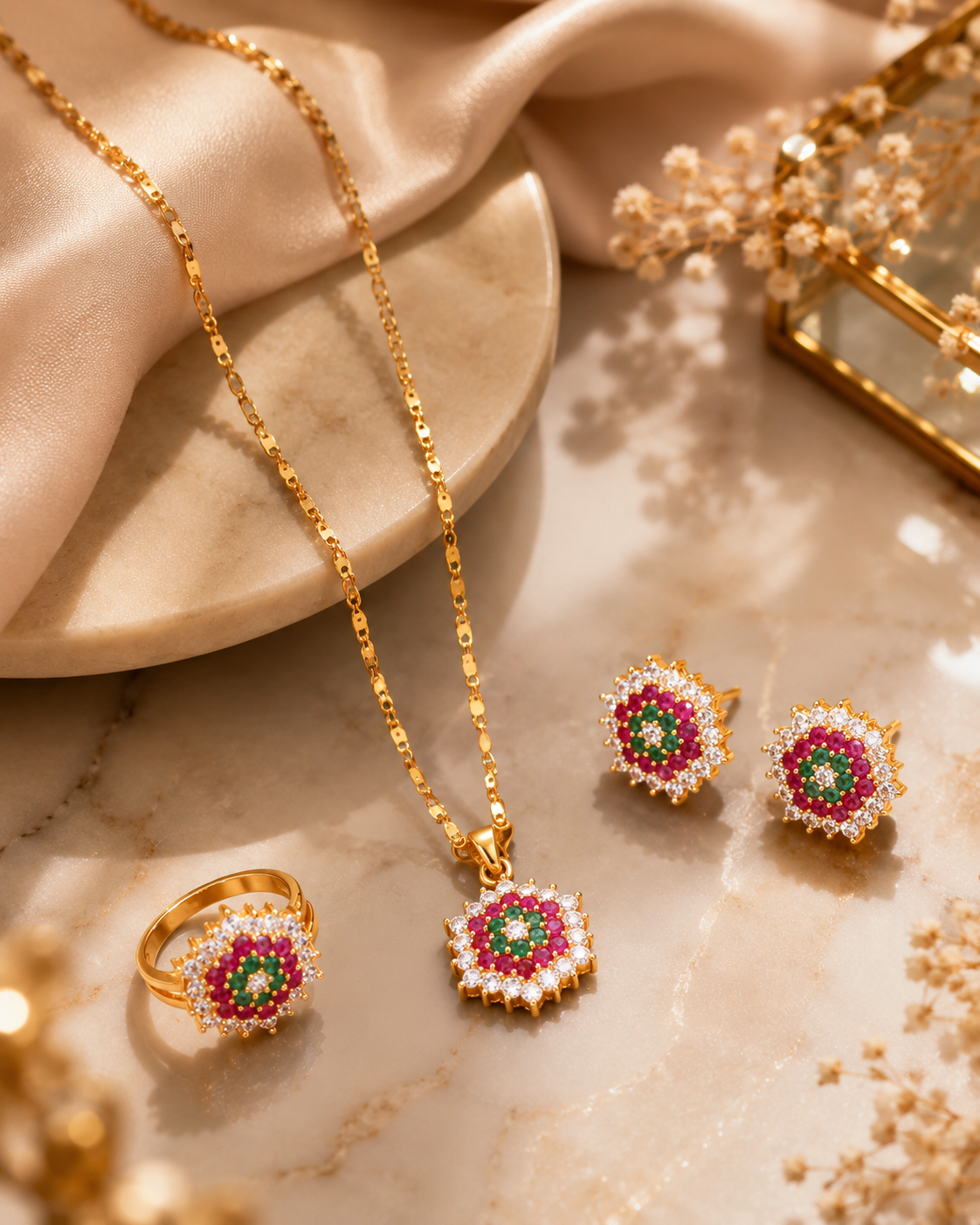 Gold-Plated Necklace Set with Emerald, Ruby & White Stone Pendant Gold-Plated Necklace Set with Emerald, Ruby & White Stone Pendant - Image 1