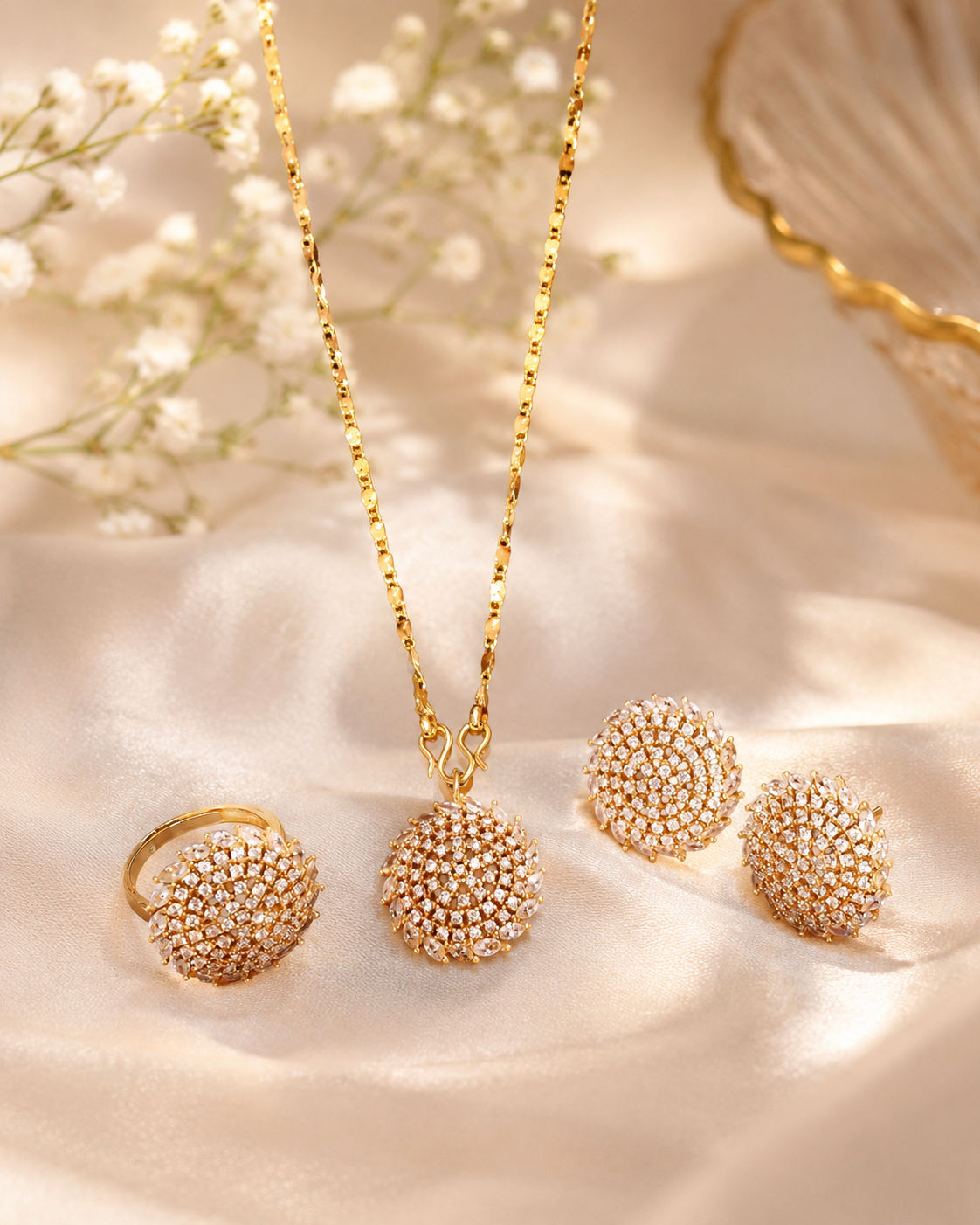 Gold-Plated Necklace Set with White Stone-Encrusted Spherical Pendant Gold-Plated Necklace Set with White Stone-Encrusted Spherical Pendant - Image 1