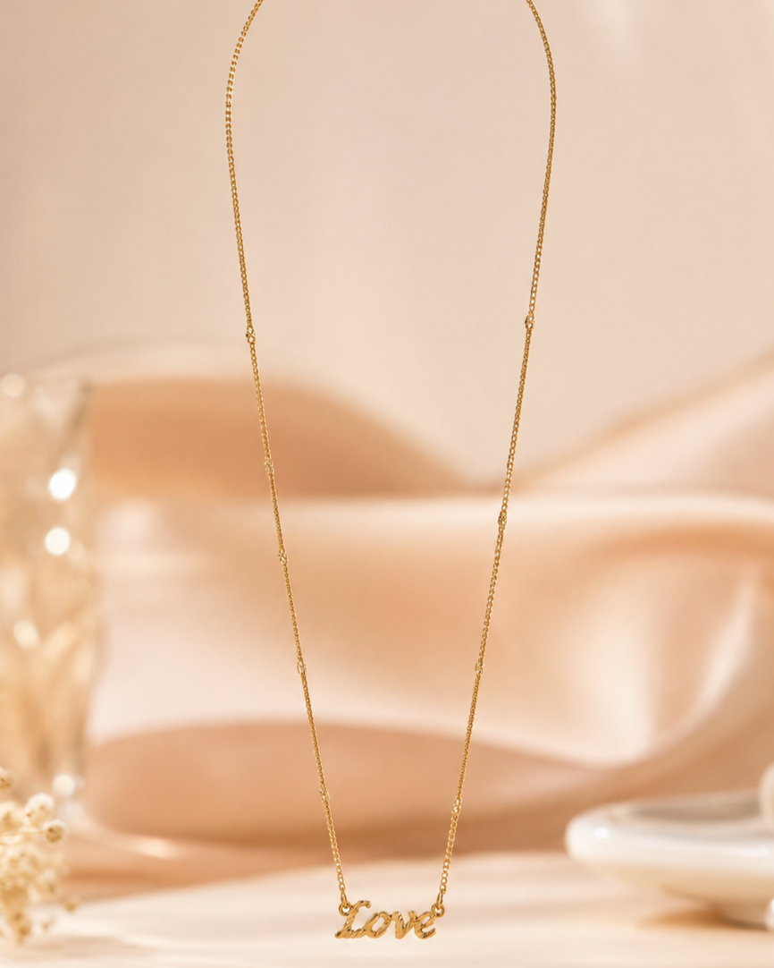 Gold-Plated Necklace with Beaded Chain and “Love” Script Pendant Romantic Women's Jewelry Gold-Plated Necklace with Beaded Chain and “Love” Script Pendant - Image 1