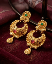 Gold-Plated Ramleela Rani Haar Design Jhumka Earrings with Red & Green Stones