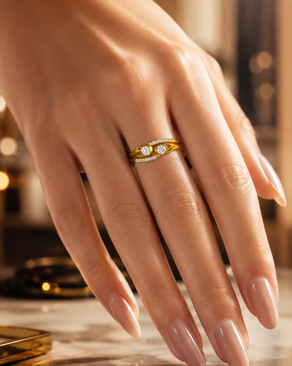 Infinity-Inspired Gold Ring with Two Stones on a Polished Gold Band Infinity-Inspired Gold Ring with Two Stones on a Polished Gold Band - Image 1