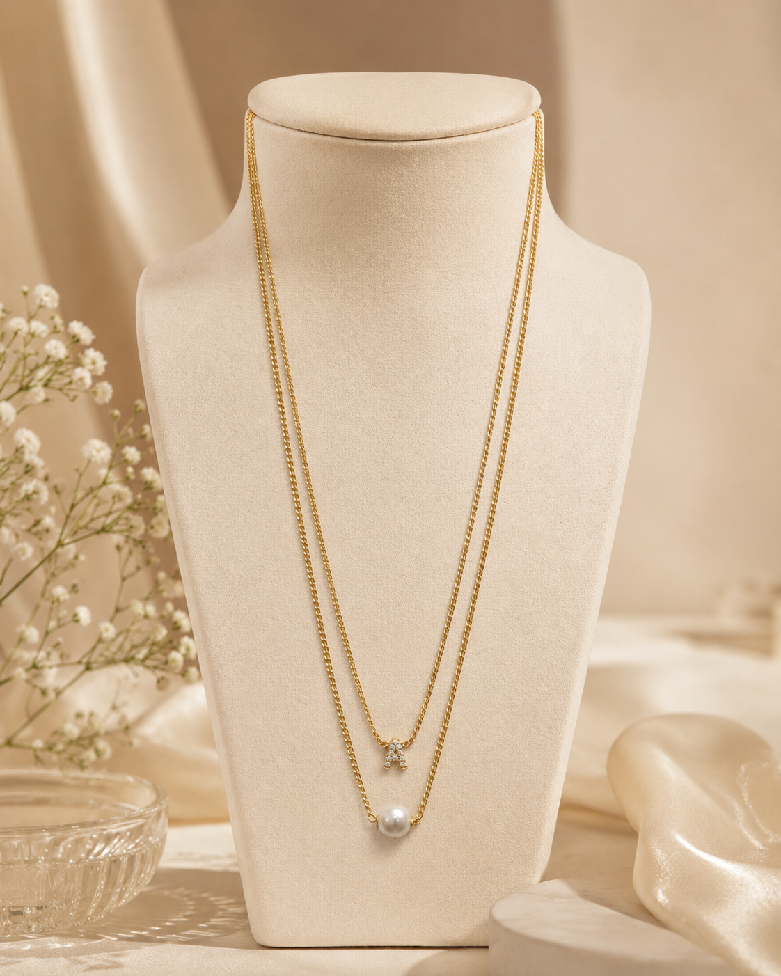 Layered Gold-Plated Necklace with Freshwater Pearl and Crystal “A” Pendant Personalized Jewelry Layered Gold-Plated Necklace with Freshwater Pearl and Crystal “A” Pendant | Personalized Jewelry - Image 1