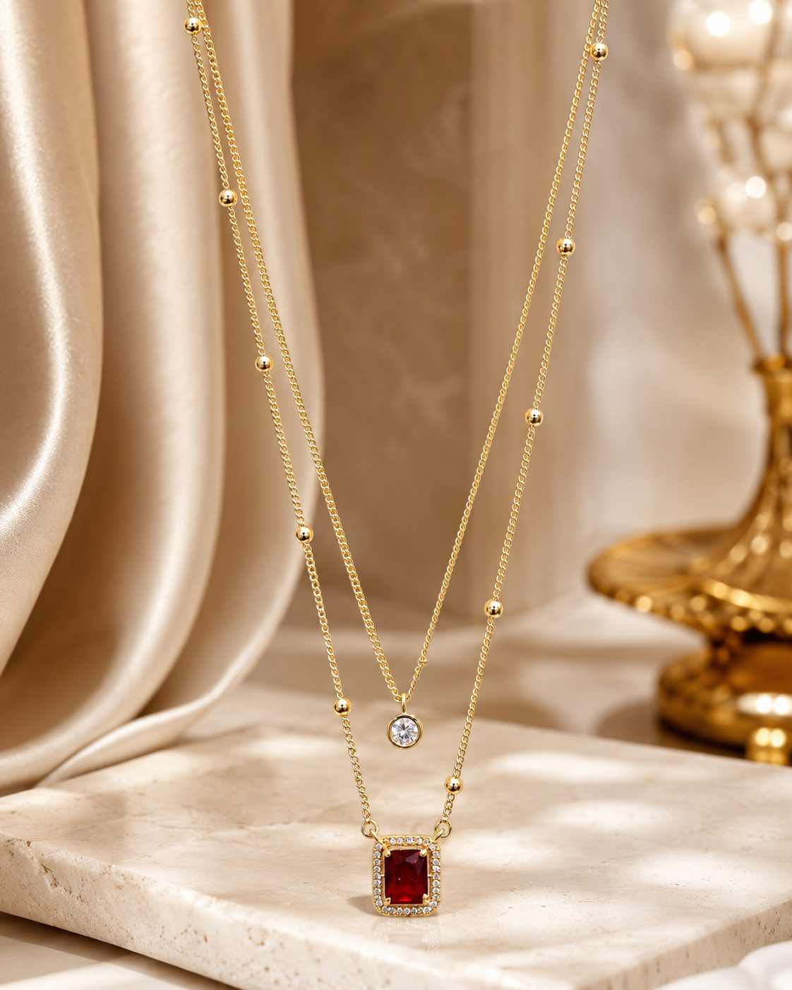 Layered Gold-Plated Necklace with Red Crystal Pendant Elegant Statement Jewelry for Women Layered Gold-Plated Necklace with Red Crystal Pendant - Image 1