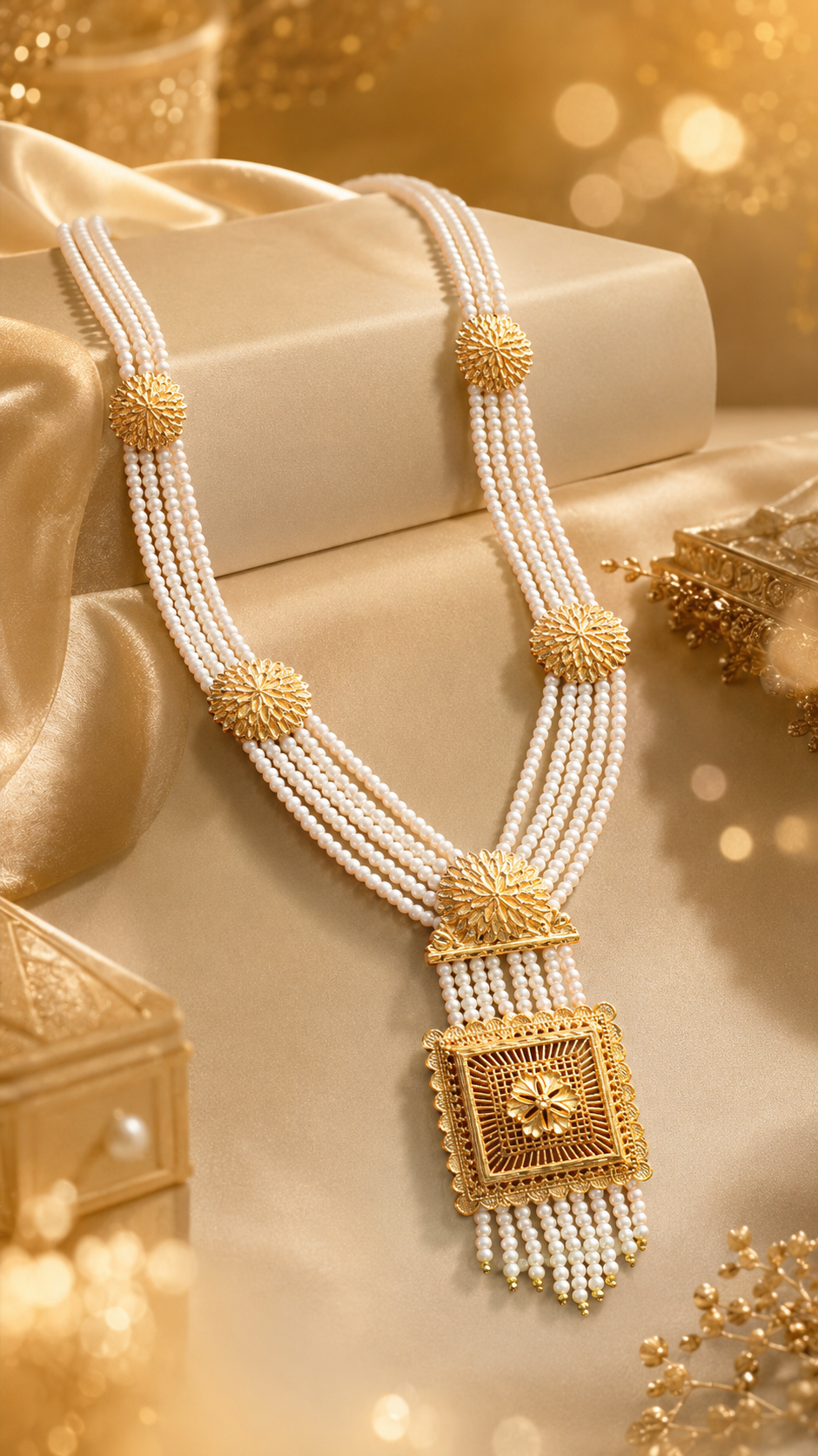 Moti Rani Haar with Multi-Strand Pearls, Gold-Plated Pendant & Intricate Spacers Moti Rani Haar with Multi-Strand Pearls - Image 1