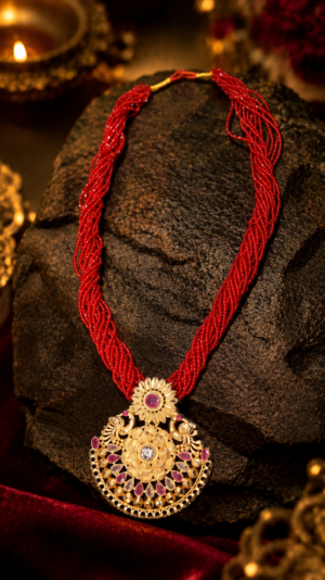 Nepali Gold-Plated Potey Mala with Multi-Strand Red Beads & Intricate Gold Pendant - Image 2