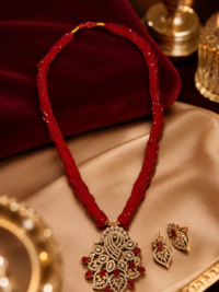 Red Potey Beaded Necklace with Gold-Plated American Diamond & Red Stone Pendant