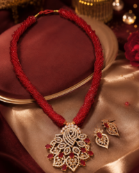 Red Potey Beaded Necklace with Gold-Plated American Diamond & Red Stone Pendant - Image 2