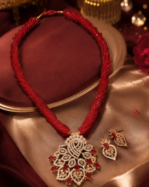 Red Potey Beaded Necklace with Gold-Plated American Diamond & Red Stone Pendant - Image 2